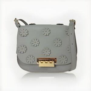 Zac Posen Eartha Saddle Crossbody Bag Floral Appliqué Gray Leather